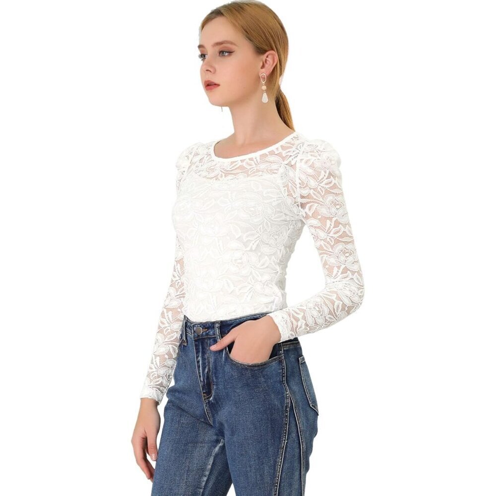 Women's Lace Top Mesh Sheer Fitted Blouse Long Sleeve Embroidery Elegant